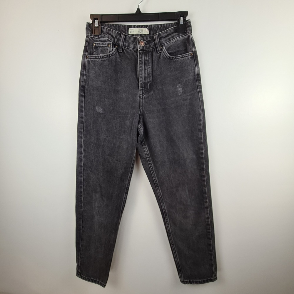 Topshop Moto Mom Jeans W26 Washed Black Distressed High Rise Tapered Denim